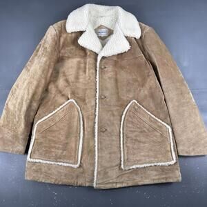 VTG Saddlery Rancher Jacket Mens XL Tan Suede Sherpa Lined Long Fargo Hamm 80s